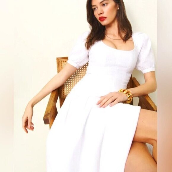 NEW Reformation Coucou Midi Linen Dress Puff Sleeves White | US 4 UK 8 - Picture 2 of 12